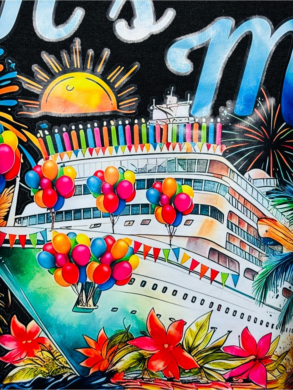 Tropical Cruise Graphic Tee with Colorful Balloons & Candles Men’s 3X Black